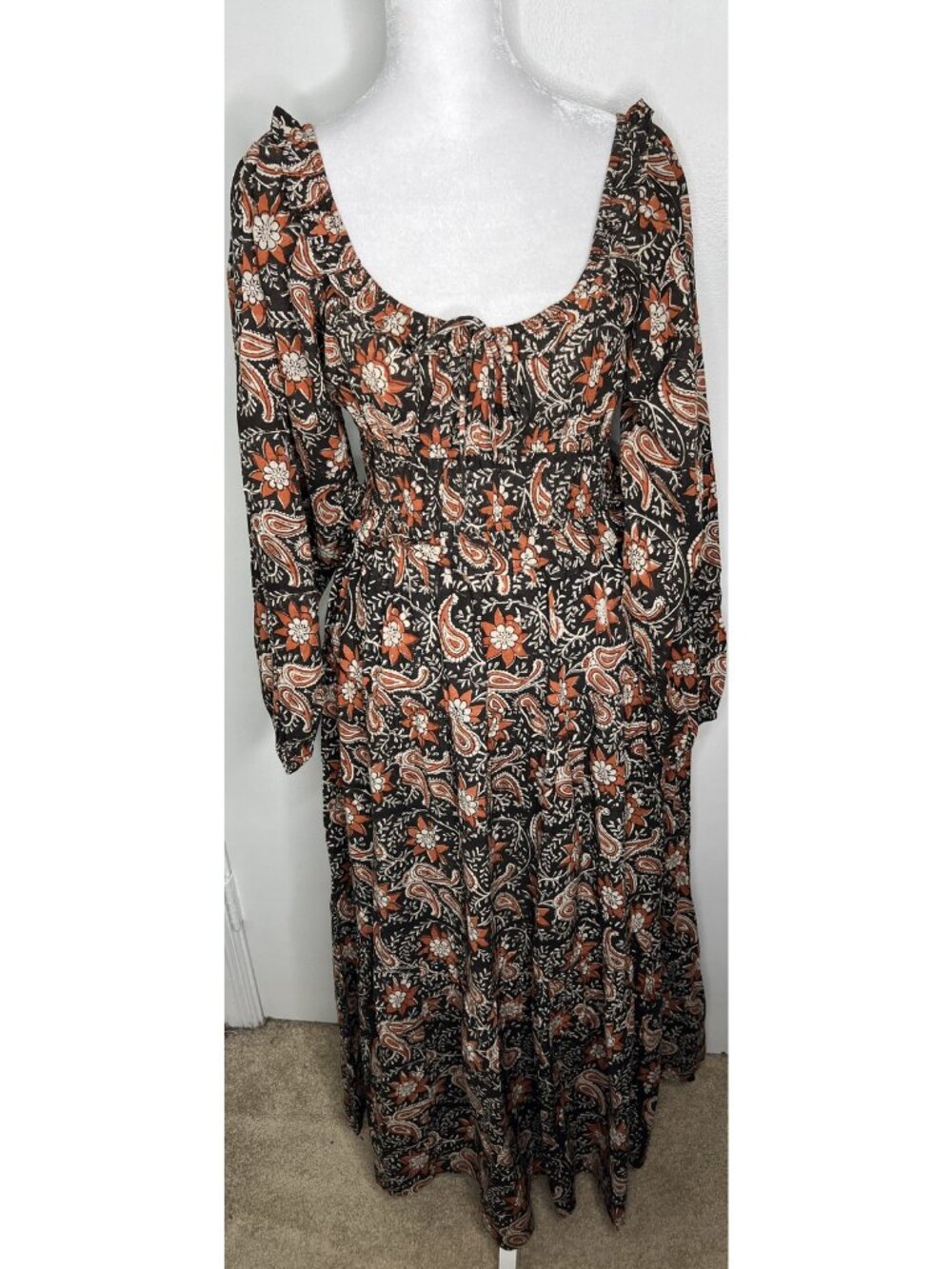 Anna Cate Tuckernuck L Brown Floral Peasant Boho Midi Cotton Dress NWT New